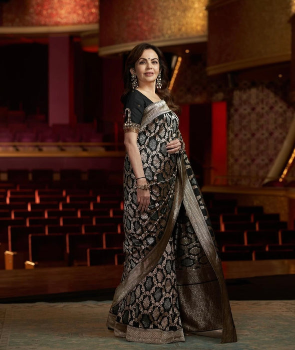 Nita Ambani Black Pure Katan Banarasi Handloom Saree -Sona Roopa Jaal Work