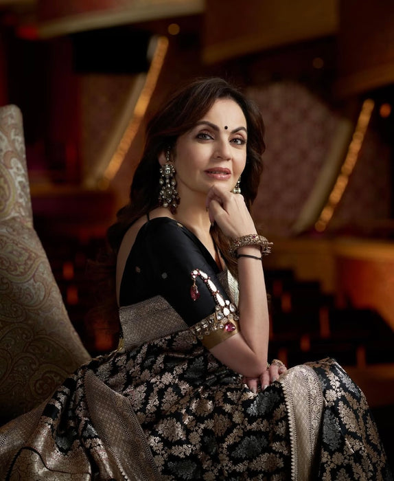 Nita Ambani Black Pure Katan Banarasi Handloom Saree -Sona Roopa Jaal Work