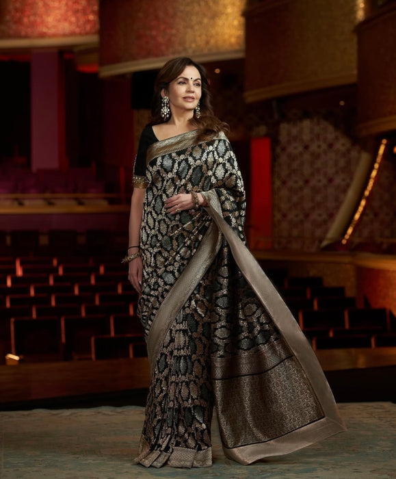 Nita Ambani Black Pure Katan Banarasi Handloom Saree -Sona Roopa Jaal Work