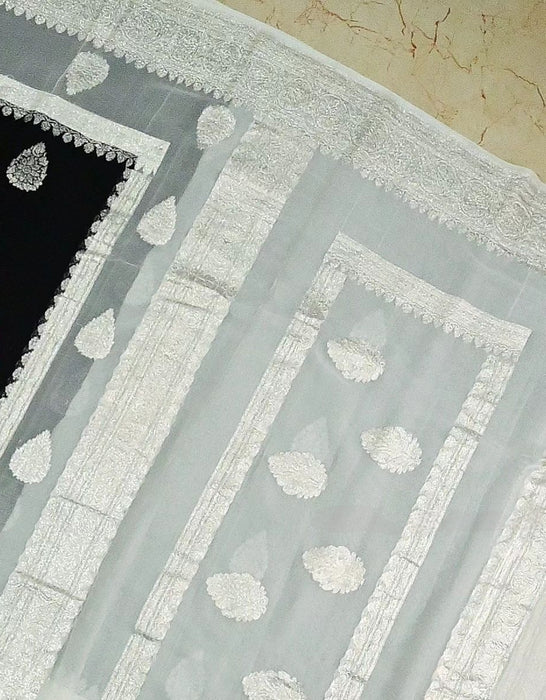 Black & white Khaddi Georgette Handloom Saree - Silver Zari