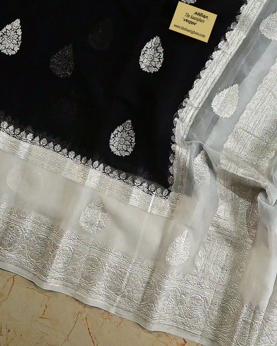 Black & white Khaddi Georgette Handloom Saree - Silver Zari