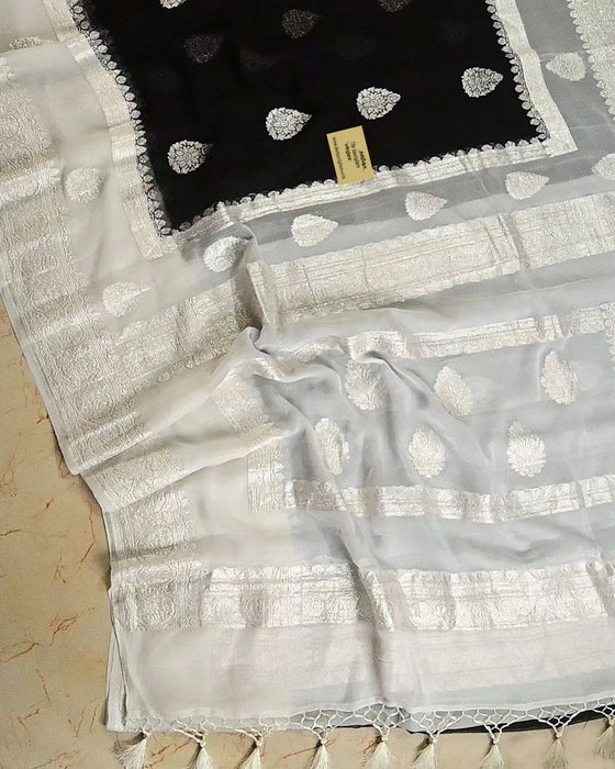 Black & white Khaddi Georgette Handloom Saree - Silver Zari