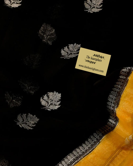 Black & Yellow Khaddi Georgette Handloom Saree - Silver Zari