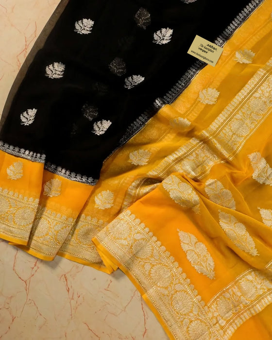 Black & Yellow Khaddi Georgette Handloom Saree - Silver Zari