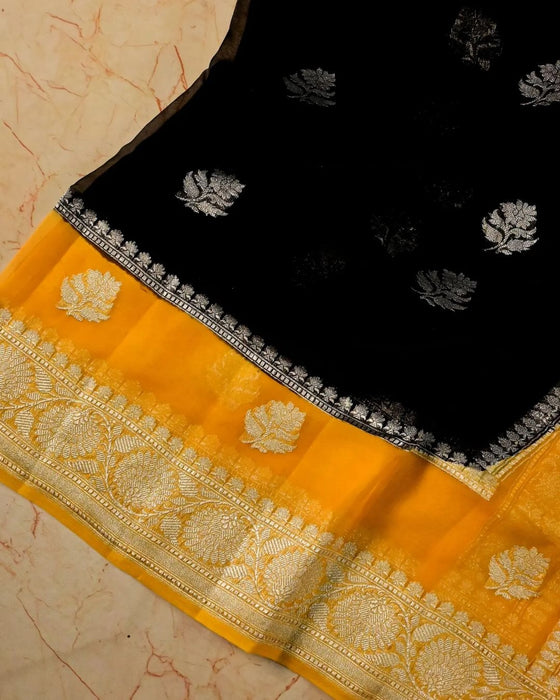 Black & Yellow Khaddi Georgette Handloom Saree - Silver Zari