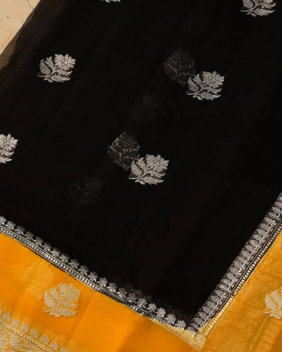 Black & Yellow Khaddi Georgette Handloom Saree - Silver Zari