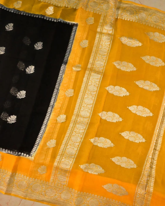 Black & Yellow Khaddi Georgette Handloom Saree - Silver Zari