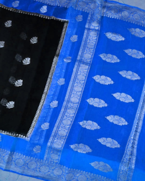 Blue & Black Pure Khaddi Georgette Banarasi Saree - Silver Zari