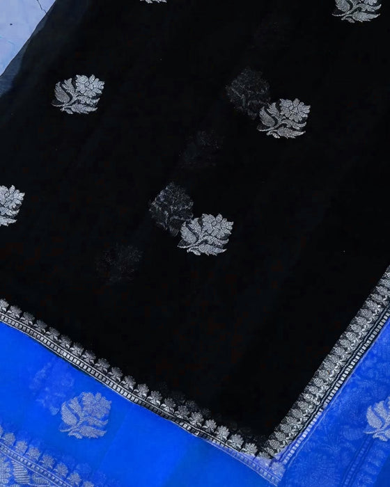 Blue & Black Pure Khaddi Georgette Banarasi Saree - Silver Zari