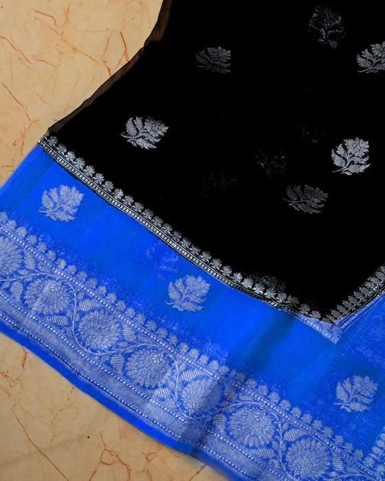 Blue & Black Pure Khaddi Georgette Banarasi Saree - Silver Zari