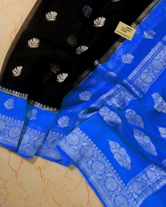 Blue & Black Pure Khaddi Georgette Banarasi Saree - Silver Zari