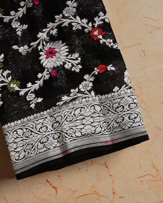 Black Khaddi Georgette Banarasi Handloom Saree - Meenakari